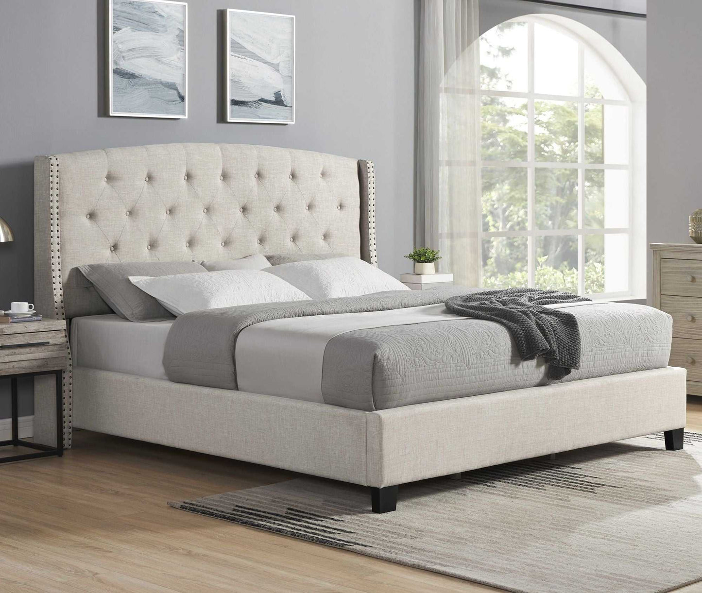 Nantarre Fabric Button Tufted Wingback Upholstered Bed with Nail Head Trim, Beige - luxuryhomedecoridea.com