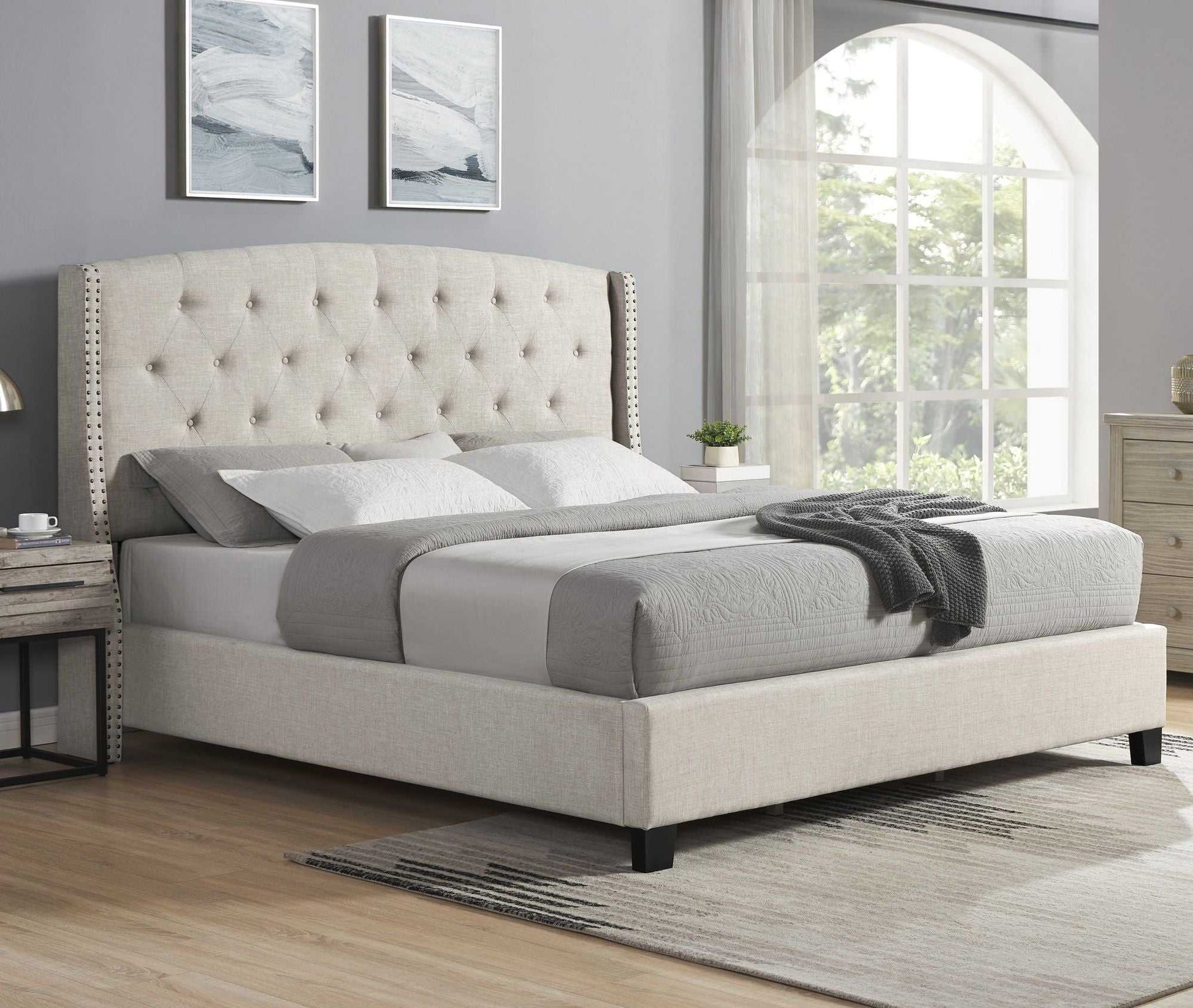 Nantarre Fabric Button Tufted Wingback Upholstered Bed with Nail Head Trim, Beige - luxuryhomedecoridea.com