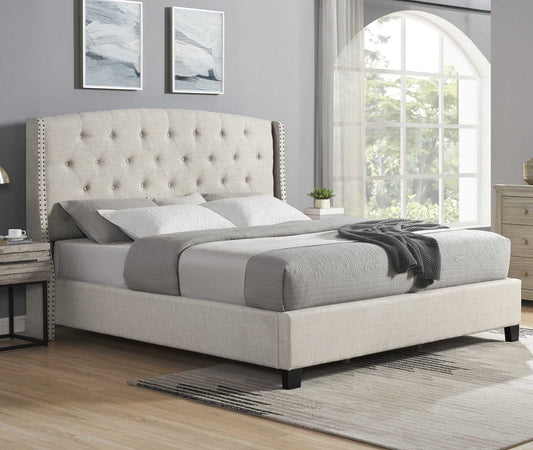 Nantarre Fabric Button Tufted Wingback Upholstered Bed with Nail Head Trim, Beige - luxuryhomedecoridea.com
