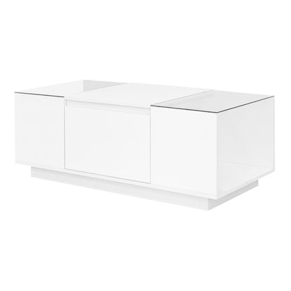 U-Can Led Coffee Table, Modern Center Table with High-Gloss Finish and Glass Tabletop, Coffee Table with Open Storage Compartment and 2 Hidden Drawers for Living Room - luxuryhomedecoridea.com