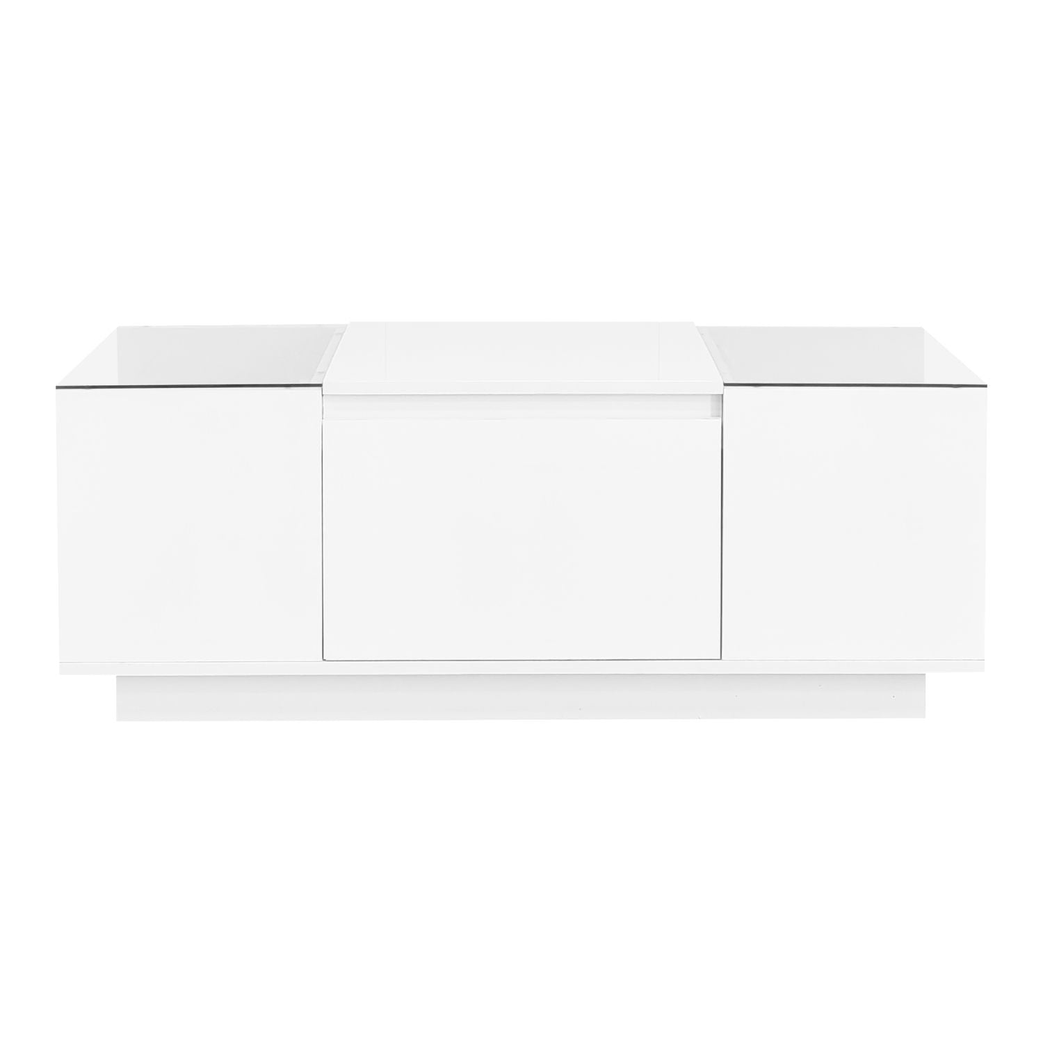 U-Can Led Coffee Table, Modern Center Table with High-Gloss Finish and Glass Tabletop, Coffee Table with Open Storage Compartment and 2 Hidden Drawers for Living Room - luxuryhomedecoridea.com