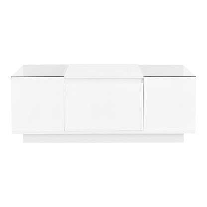 U-Can Led Coffee Table, Modern Center Table with High-Gloss Finish and Glass Tabletop, Coffee Table with Open Storage Compartment and 2 Hidden Drawers for Living Room - luxuryhomedecoridea.com