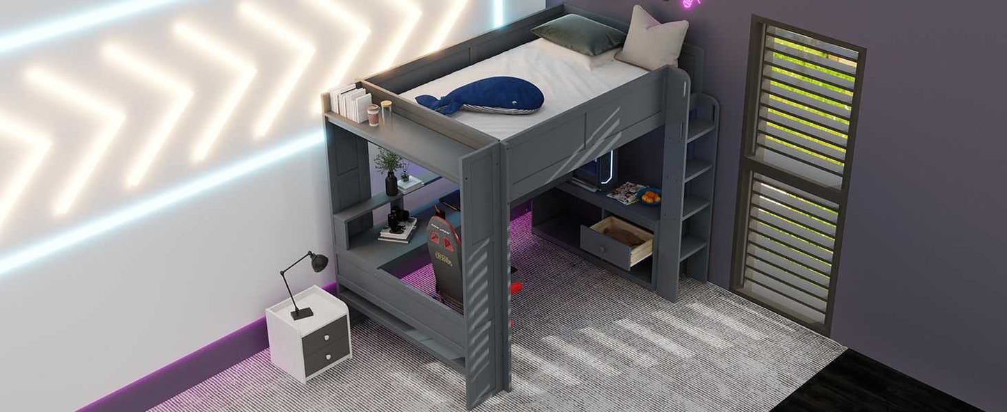 Wood Full Size Gaming Loft Bed with Desk, Multi-storage Shelves, LED and Charging Station, Dark Gray(Old SKU:SM000374AAE) - luxuryhomedecoridea.com