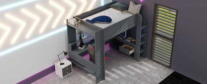 Wood Full Size Gaming Loft Bed with Desk, Multi-storage Shelves, LED and Charging Station, Dark Gray(Old SKU:SM000374AAE) - luxuryhomedecoridea.com
