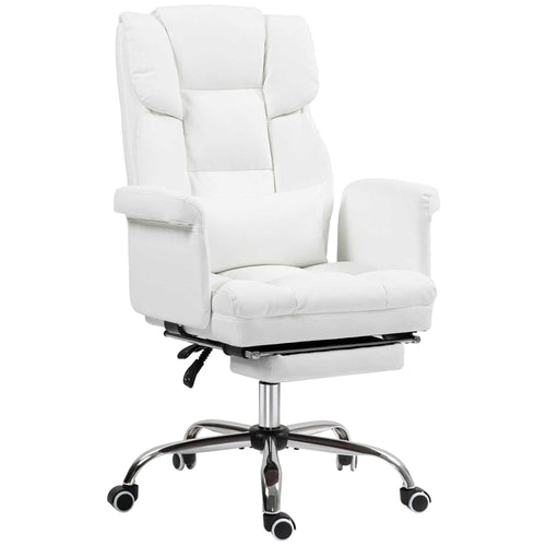 Executive Office Chair with Footrest and Lumbar Support, PU Leather Reclining Office Desk Chair, Ergonomic and Swivel, White - luxuryhomedecoridea.com