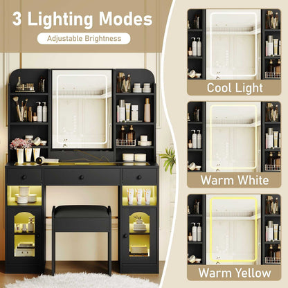43.2" Vanity Desk with LED Mirror and Lights, Glass Top Vanity with RGB Glass Light Cabinets, Dressing Table with 3 Drawers ,Storage Shelves and Stool for Bedroom - luxuryhomedecoridea.com