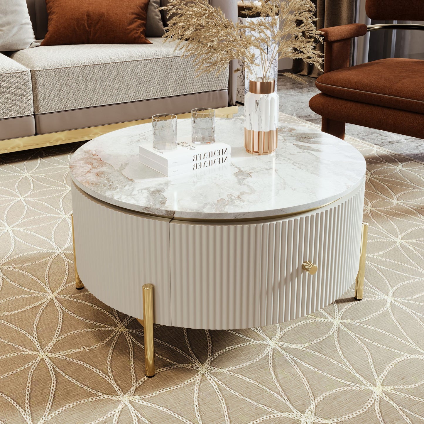 Modern Round Coffee Table with 2 large Drawers Storage Accent Table(31.5'') - luxuryhomedecoridea.com