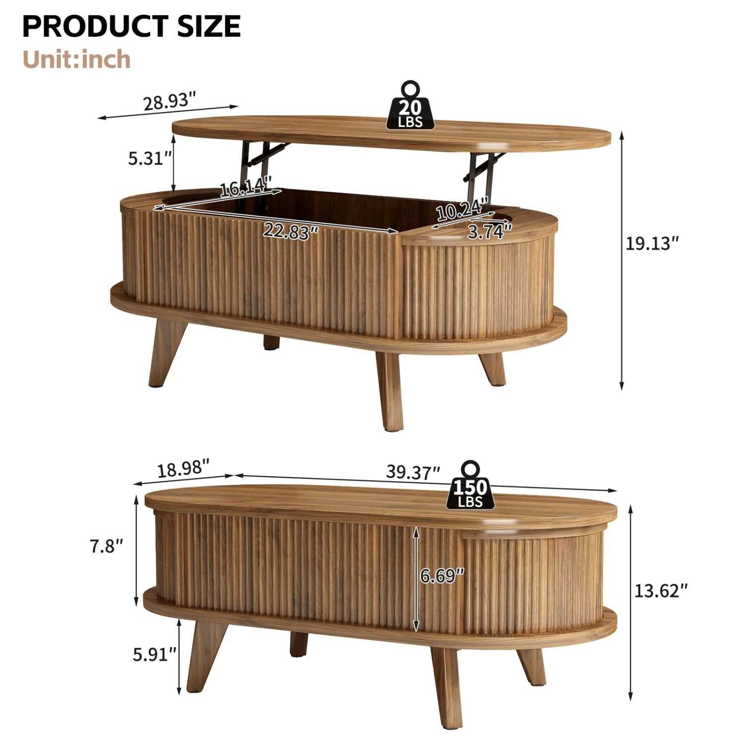Fluted Lift Top Coffee Table with Hidden Compartment, Wooden Center Table, Modern Oval Lift Tabletop for Home Living Room Office, Walnut Brown Color - luxuryhomedecoridea.com