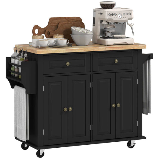 Kitchen Island Cart with Rubber Wood Top, Rolling Kitchen Island Table on Wheels with Drawers, Adjustable Shelves, Spice Rack and Towel Rack for Dining Room, Black - luxuryhomedecoridea.com