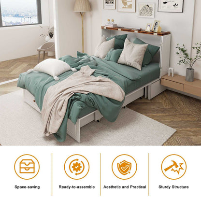 Queen Size Murphy Bed Frame with Drawers Murphy Chest Bed with Charging Station, 2 USB Ports Mobile Murphy Bed Sleeping Arrangement for Multipurpose Area for Bedroom Living Room Guest Room White&Wood - luxuryhomedecoridea.com