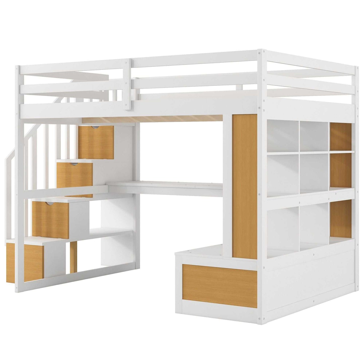 Full Size Loft Bed with Desk and Shelves, Two Built-in Drawers, Storage Staircase, White and Natural - luxuryhomedecoridea.com