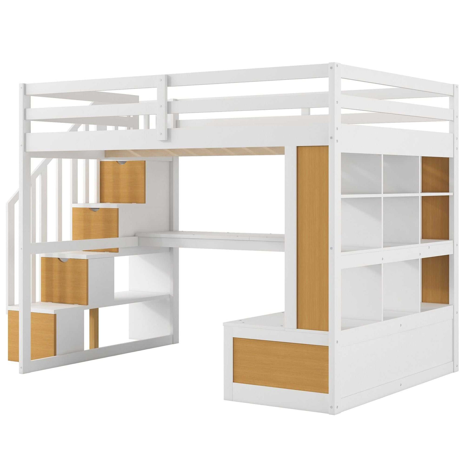 Full Size Loft Bed with Desk and Shelves, Two Built-in Drawers, Storage Staircase, White and Natural - luxuryhomedecoridea.com