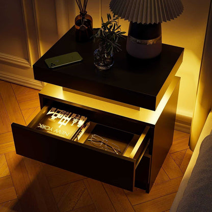 Nightstand LED Bedside Table Cabinet Lights Modern End Side with 2 Drawers for Bedroom (Black) - luxuryhomedecoridea.com