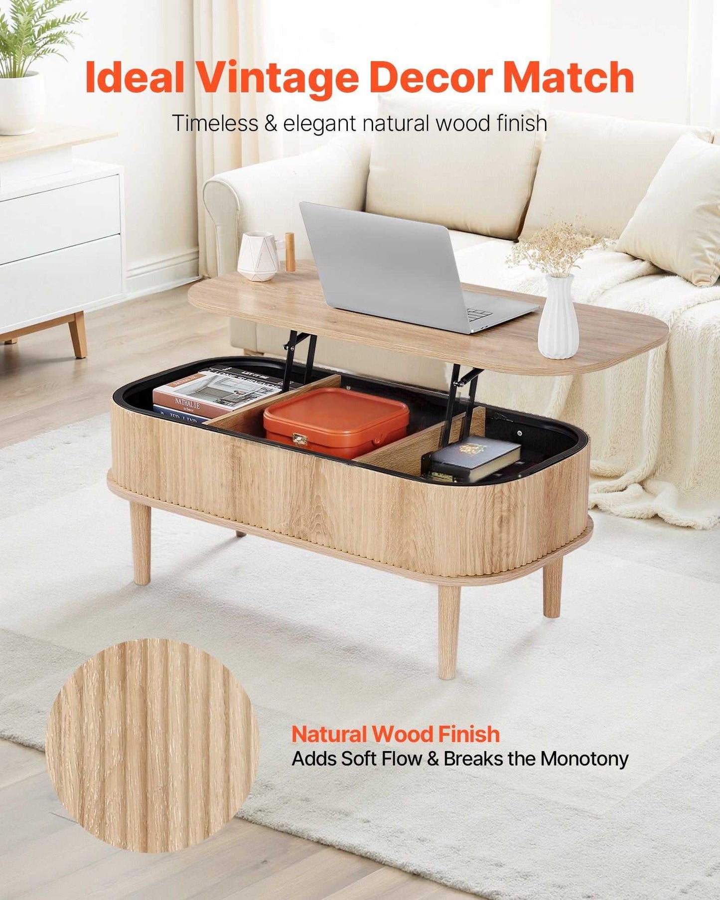 39.4 in Lift Top Coffee Table, Fluted Oval Coffee Table with 3 Hidden Compartment, Mid Century Wooden Oval Center Desk with Storage, Lift Up Tabletop for Home & Office, Easy Assembly, Burlywood - luxuryhomedecoridea.com