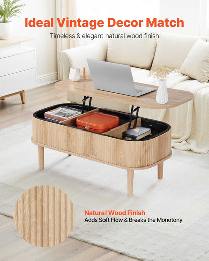 39.4 in Lift Top Coffee Table, Fluted Oval Coffee Table with 3 Hidden Compartment, Mid Century Wooden Oval Center Desk with Storage, Lift Up Tabletop for Home & Office, Easy Assembly, Burlywood - luxuryhomedecoridea.com