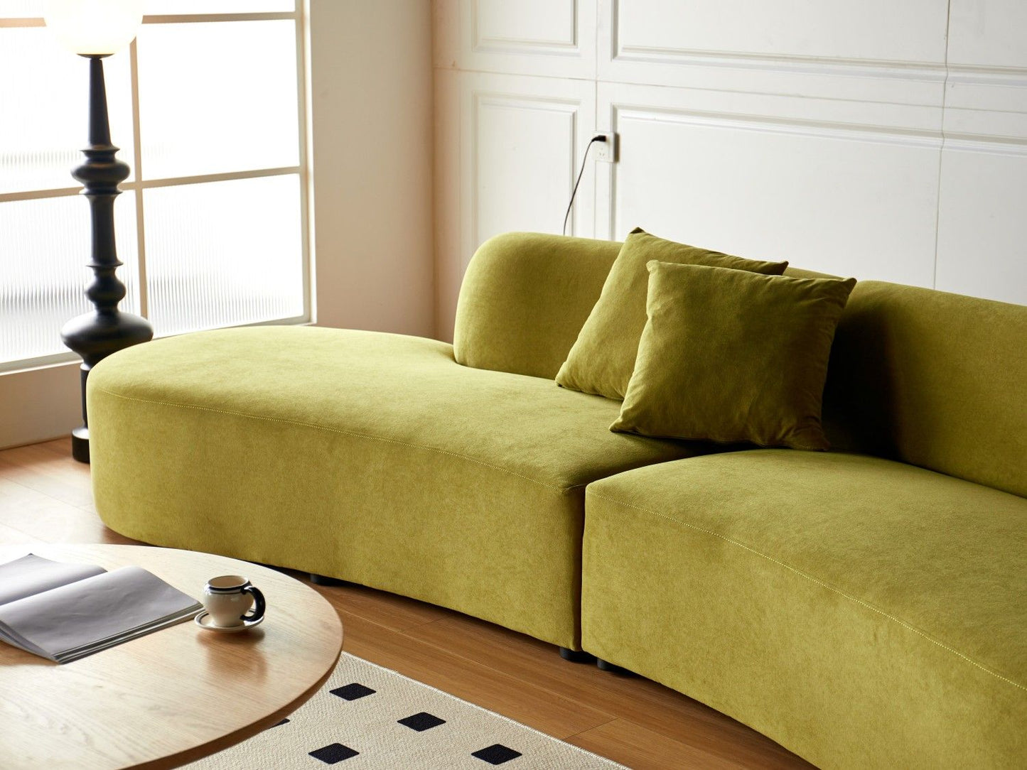 132" Curved Sofa with Throw Pillows, 6 Seater Luxury Velvet Couch with Half Moon Design and High-Density Foam, Ideal for Modern Living Room, Office & Apartment, Olive Green - luxuryhomedecoridea.com