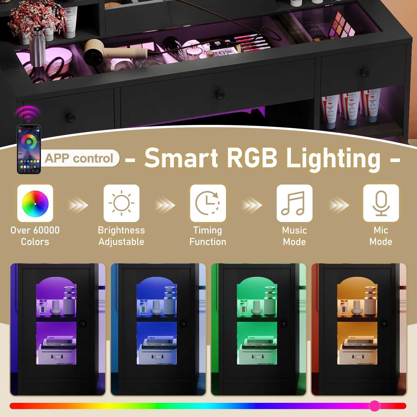 43.2" Vanity Desk with LED Mirror and Lights, Glass Top Vanity with RGB Glass Light Cabinets, Dressing Table with 3 Drawers ,Storage Shelves and Stool for Bedroom - luxuryhomedecoridea.com