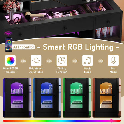 43.2" Vanity Desk with LED Mirror and Lights, Glass Top Vanity with RGB Glass Light Cabinets, Dressing Table with 3 Drawers ,Storage Shelves and Stool for Bedroom - luxuryhomedecoridea.com
