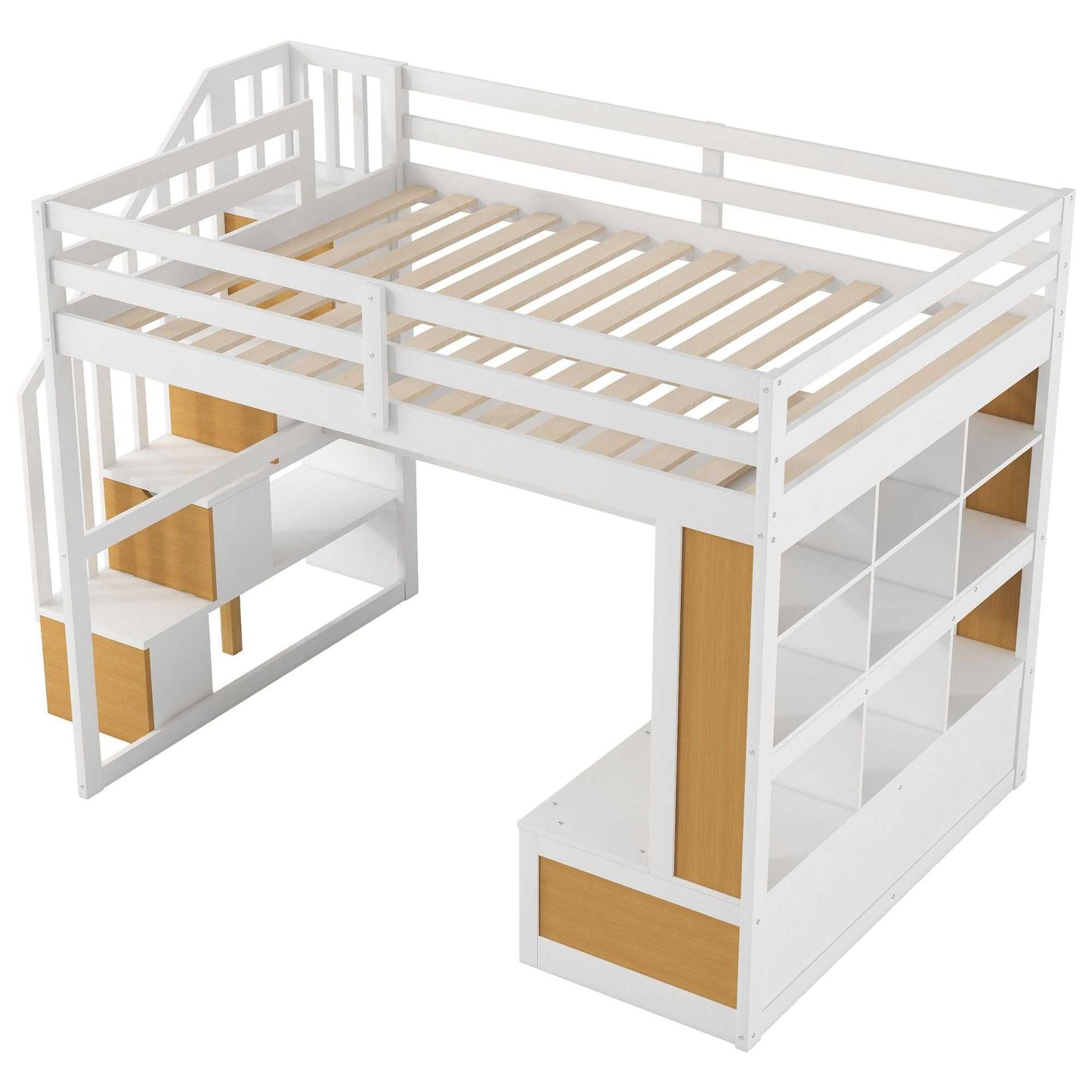 Full Size Loft Bed with Desk and Shelves, Two Built-in Drawers, Storage Staircase, White and Natural - luxuryhomedecoridea.com