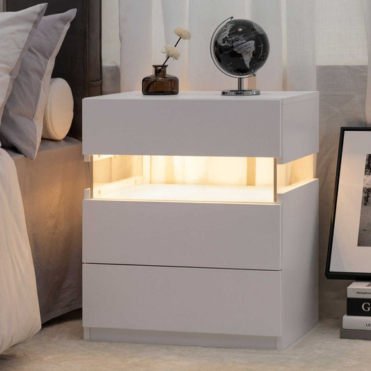LED Nightstands 3 Drawer Dresser for Bedroom End Table with Acrylic Board LED Bedside Tables for Bedroom Living Room Bedside Furniture (White) - luxuryhomedecoridea.com
