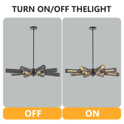 34" Modern Industrial Sputnik Chandelier, 8-Light Black and Gold Metal Pendant Light with Mesh Shades, E26 Base, Adjustable Height for Dining Room, Living Room, or Kitchen Island (Bulb Not Included) - luxuryhomedecoridea.com