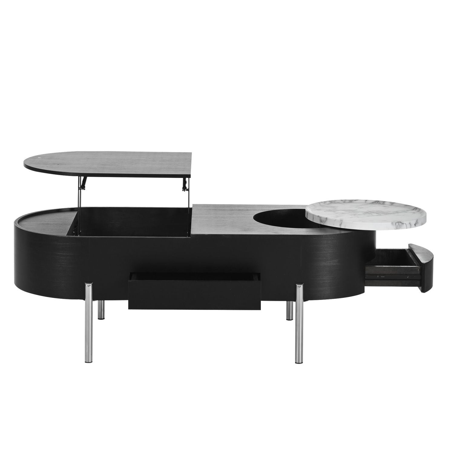 U-Can 47.2''Lift Top Coffee Table with 360-degree Marble-patterned rotating tray,Hidden Compartment, Partially Assembled Wooden Center Table, Modern Oval Lift Tabletop for Home Living Room - luxuryhomedecoridea.com