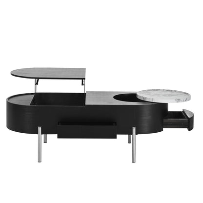 U-Can 47.2''Lift Top Coffee Table with 360-degree Marble-patterned rotating tray,Hidden Compartment, Partially Assembled Wooden Center Table, Modern Oval Lift Tabletop for Home Living Room - luxuryhomedecoridea.com
