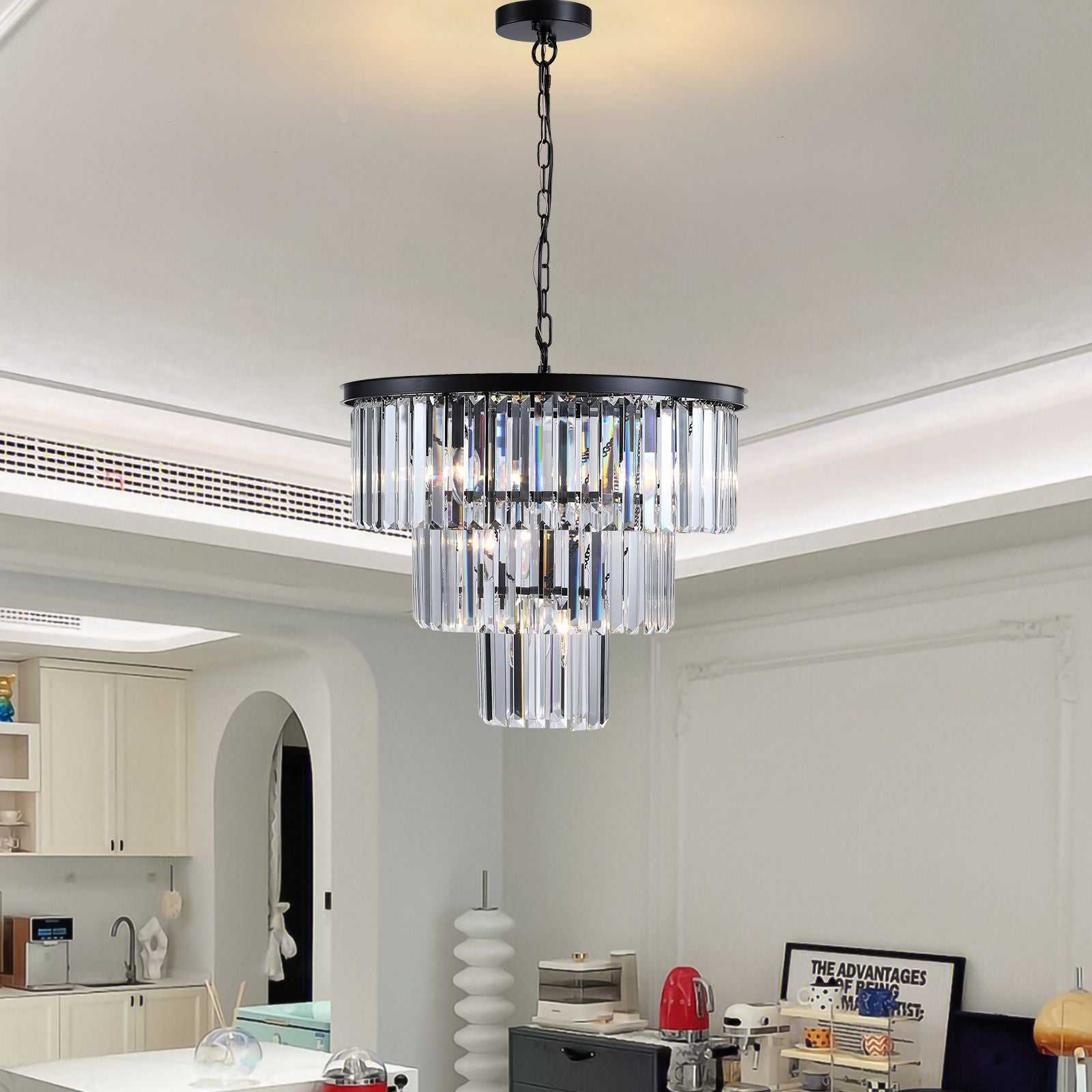 (NEW SKU:W1340P189315) 20" Modern Crystal Chandelier with Black Finish – Elegant 7-Light Pendant Light with 3 Tier Crystal Strands for Dining Room, Living Room, or Bedroom (Bulb Not Included) - luxuryhomedecoridea.com