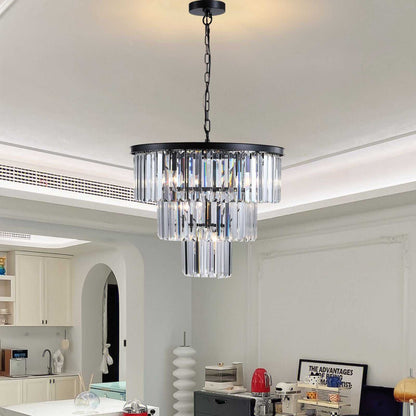 (NEW SKU:W1340P189315) 20" Modern Crystal Chandelier with Black Finish – Elegant 7-Light Pendant Light with 3 Tier Crystal Strands for Dining Room, Living Room, or Bedroom (Bulb Not Included) - luxuryhomedecoridea.com