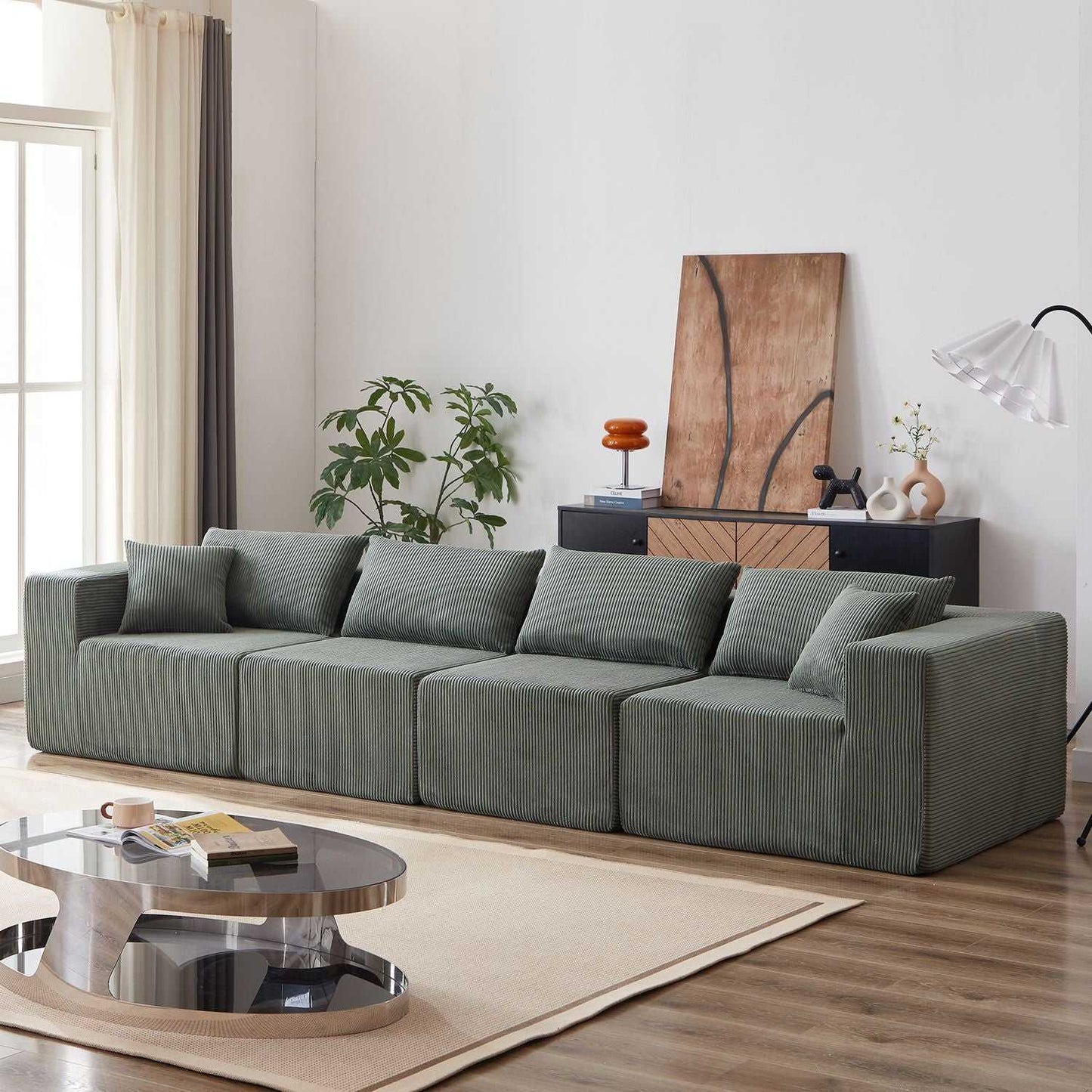 104-Inch Corduroy Modular L Shaped Sectional Sofa,Luxury Floor Couch Set,Upholstered Indoor Furniture,Foam-Filled Compressed Sofa for Living Room,Bedroom,4 PC Free Combination - luxuryhomedecoridea.com