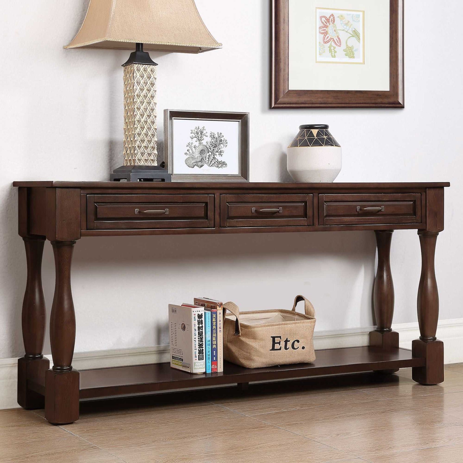 63inch Long Wood Console Table with 3 Drawers and 1 Bottom Shelf for Entryway Hallway Easy Assembly Extra-thick Sofa Table( Light Espresso) - luxuryhomedecoridea.com