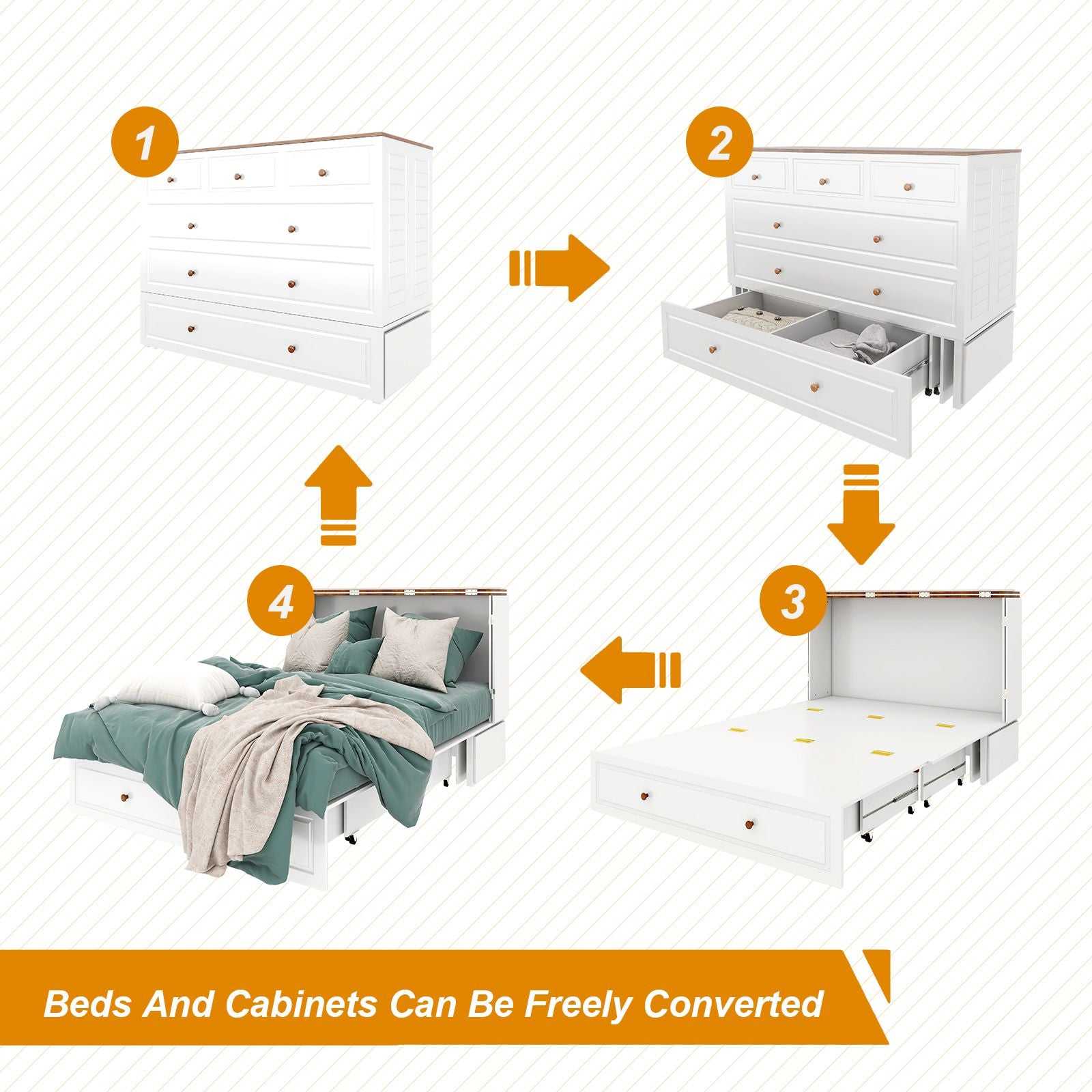 Queen Size Murphy Bed Frame with Drawers Murphy Chest Bed with Charging Station, 2 USB Ports Mobile Murphy Bed Sleeping Arrangement for Multipurpose Area for Bedroom Living Room Guest Room White&Wood - luxuryhomedecoridea.com