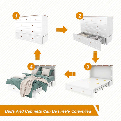 Queen Size Murphy Bed Frame with Drawers Murphy Chest Bed with Charging Station, 2 USB Ports Mobile Murphy Bed Sleeping Arrangement for Multipurpose Area for Bedroom Living Room Guest Room White&Wood - luxuryhomedecoridea.com