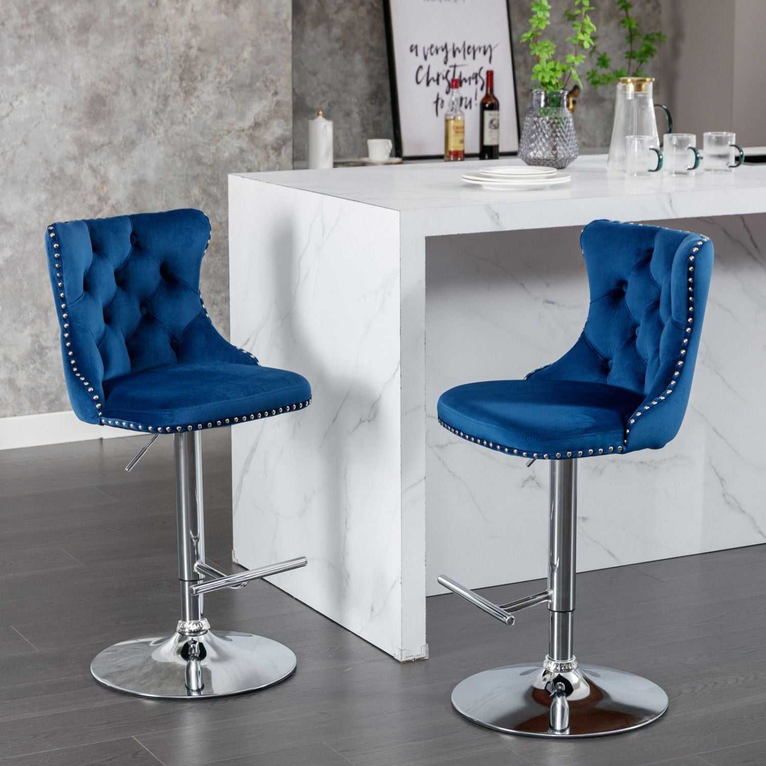 Swivel Velvet Barstools Adjusatble Seat Height from 25-33 Inch, Chrome base Bar Stools with Backs Comfortable Tufted for Home Pub and Kitchen Island,Set of 2,AS1712BL,Blue - luxuryhomedecoridea.com