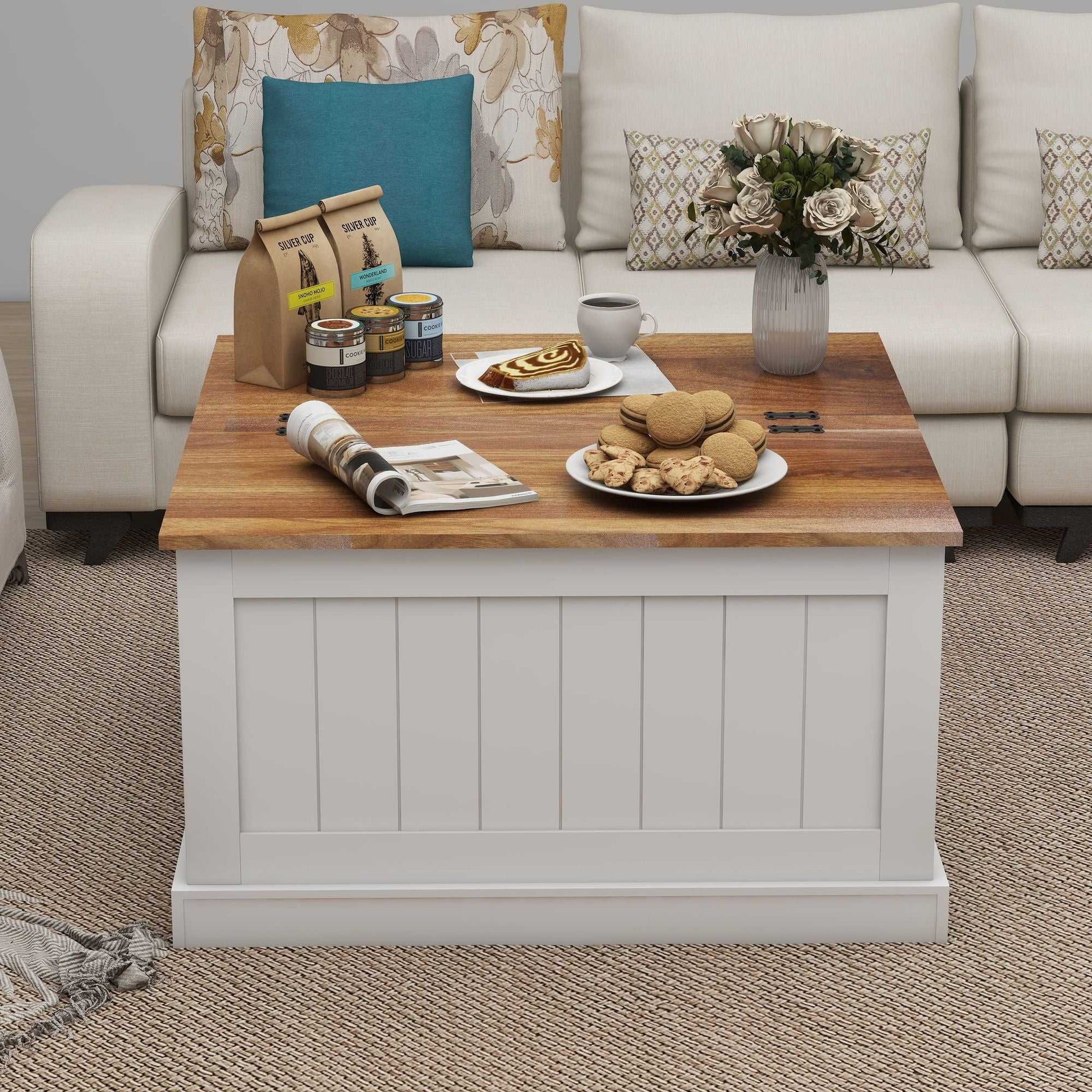 31.5" Farmhouse Coffee Table, Square Wood Center Table with Hinged Lift Top, Rustic Cocktail Table with Large Hidden Storage Compartmen for Living Room-White - luxuryhomedecoridea.com