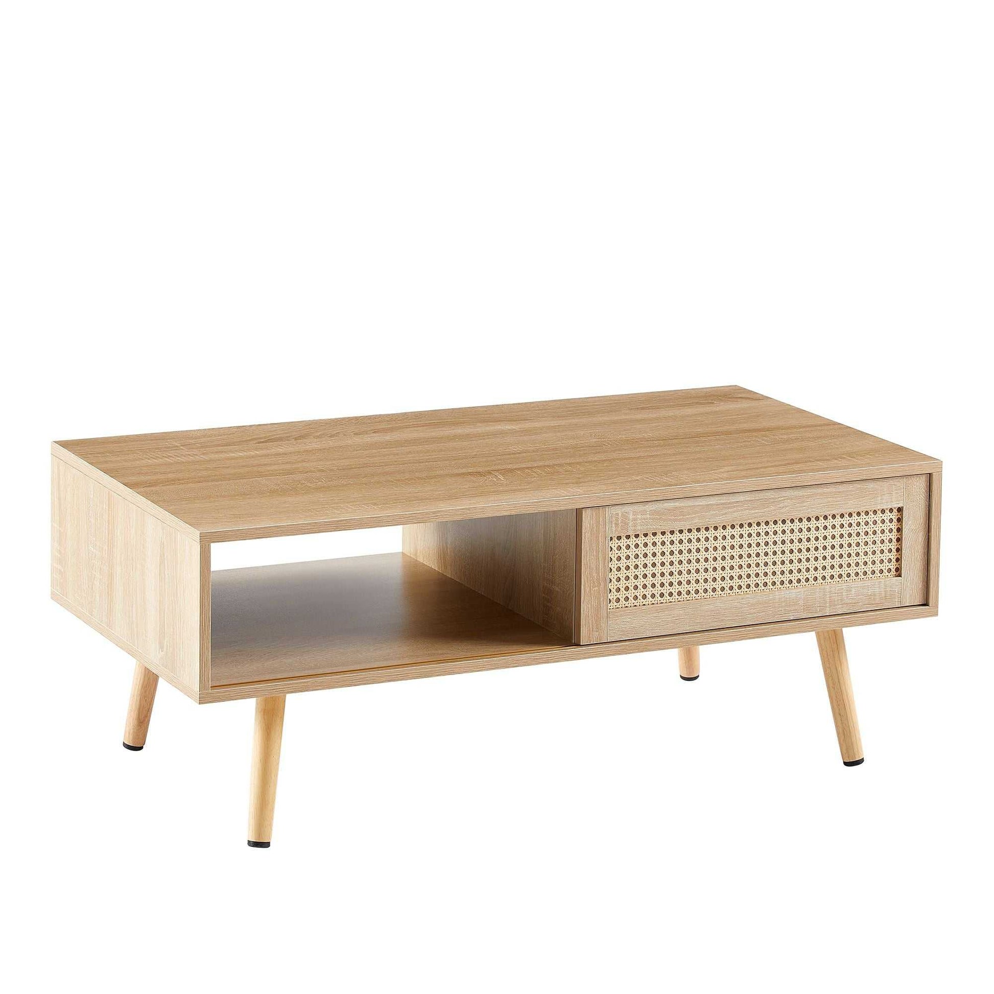 41.34" Rattan Coffee table, sliding door for storage, solid wood legs, Modern table for living room - luxuryhomedecoridea.com