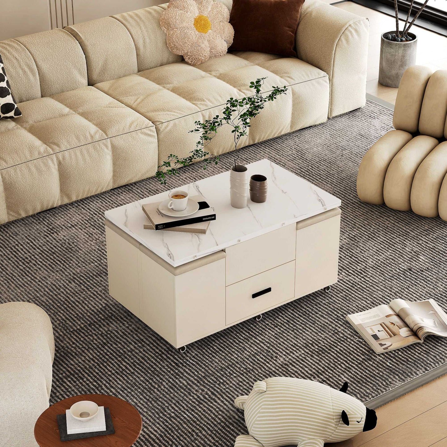 Modern Lift-Up Coffee Table with 4 Stools Set for Living Room Expandable 1 Hidden Storage + 2 Drawers Space Saving Folding Dining Table - luxuryhomedecoridea.com