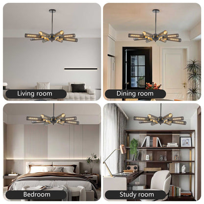 34" Modern Industrial Sputnik Chandelier, 8-Light Black and Gold Metal Pendant Light with Mesh Shades, E26 Base, Adjustable Height for Dining Room, Living Room, or Kitchen Island (Bulb Not Included) - luxuryhomedecoridea.com