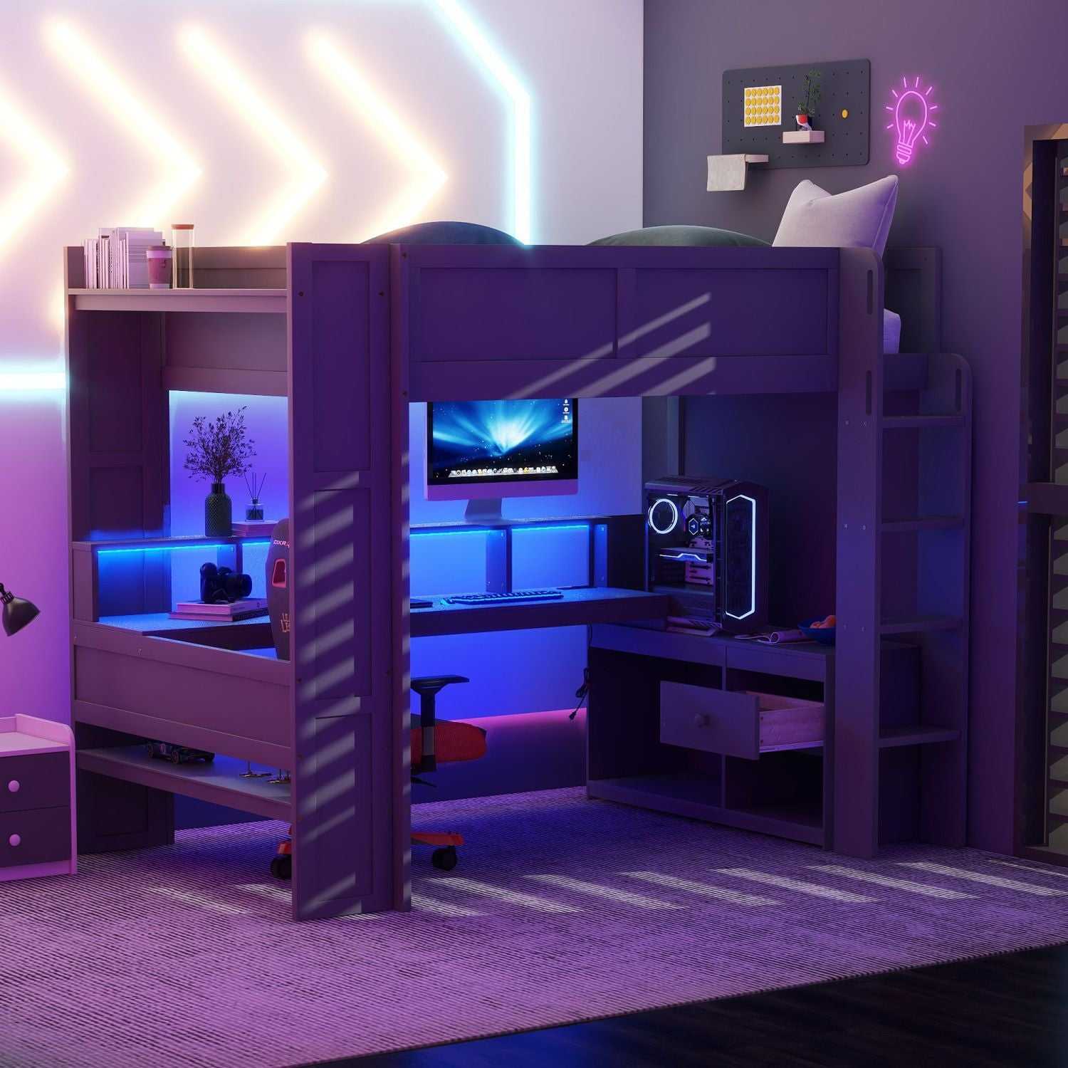 Wood Full Size Gaming Loft Bed with Desk, Multi-storage Shelves, LED and Charging Station, Dark Gray(Old SKU:SM000374AAE) - luxuryhomedecoridea.com