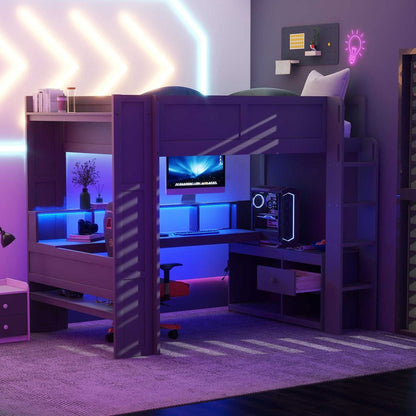 Wood Full Size Gaming Loft Bed with Desk, Multi-storage Shelves, LED and Charging Station, Dark Gray(Old SKU:SM000374AAE) - luxuryhomedecoridea.com