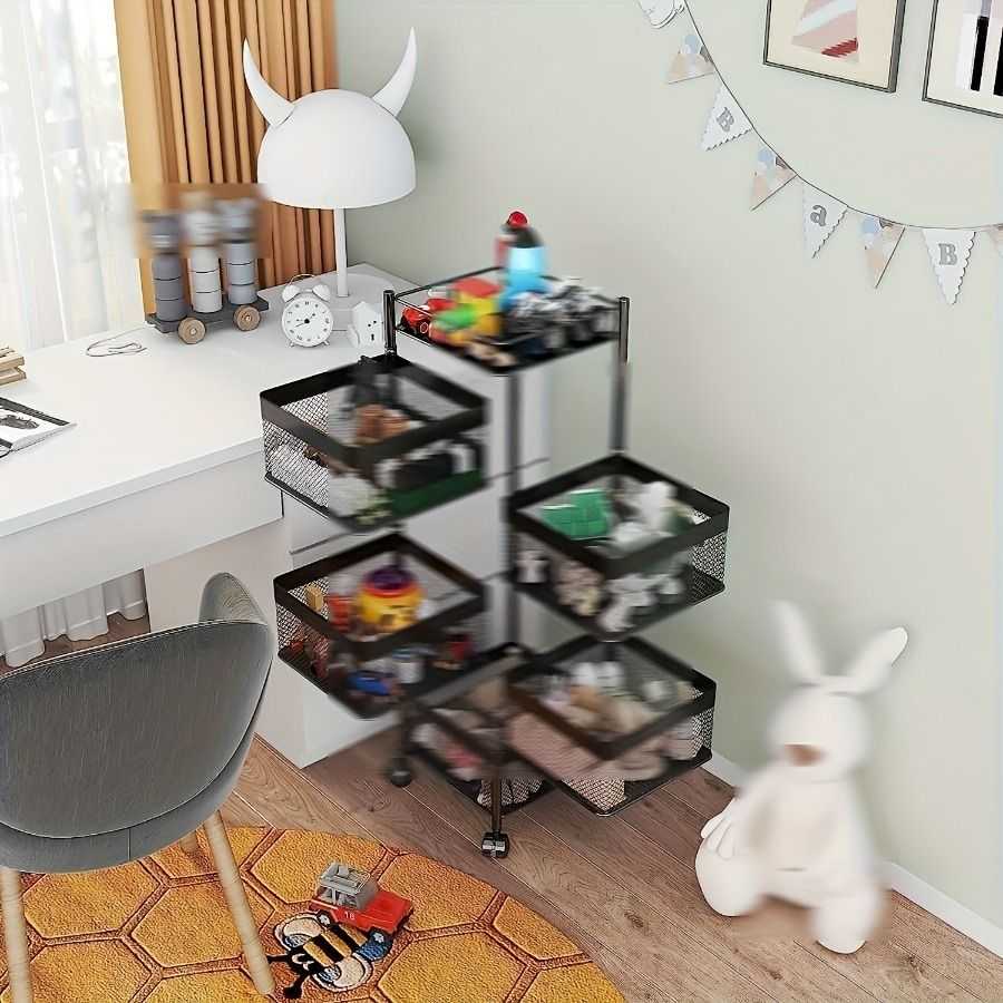 Rotating Kitchen Storage Shelf 5 Tier, Metal Fruit Vegetable Storage Basket Multi-Layer Vegetable Rack Storage Trolley on Wheels, Floor-Standing Basket for Kitchen Bathroom, Square - luxuryhomedecoridea.com
