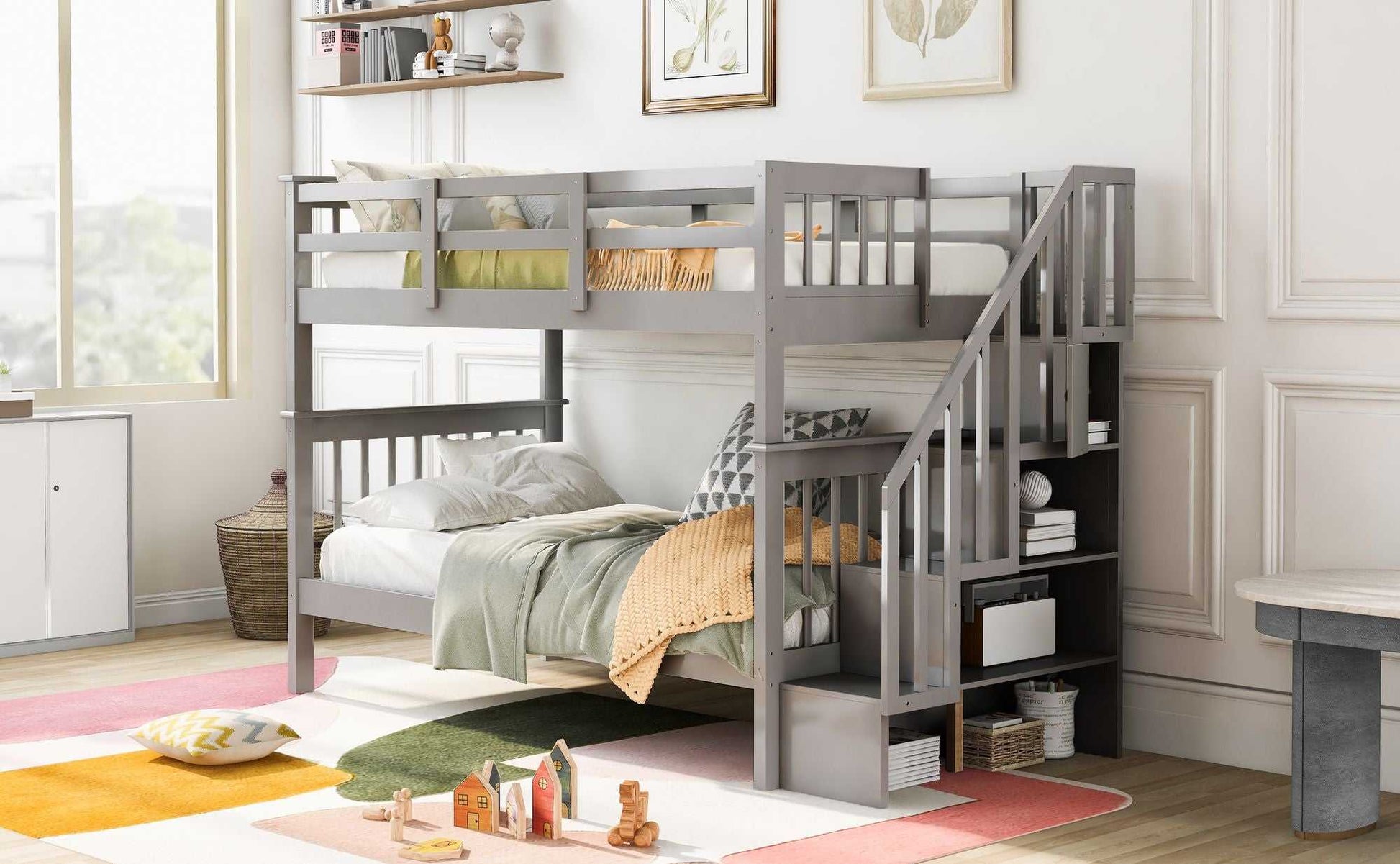 Stairway Twin-Over-Twin Bunk Bed with Storage and Guard Rail for Bedroom, Dorm - luxuryhomedecoridea.com