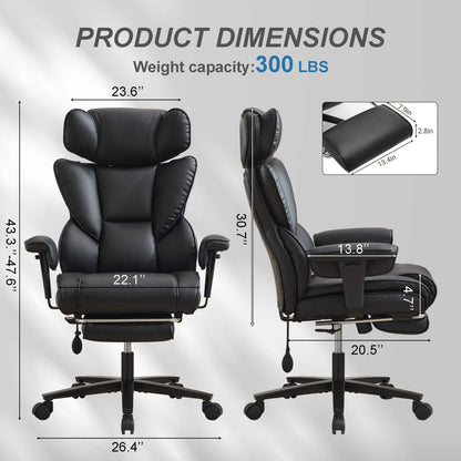 Office Chair with Foot Rest and Waist Lumber Support, Ergonomic Gaming Chair with Adjustable Height Headrest, High-Back Leather Reclining Chair for Home, Black - luxuryhomedecoridea.com