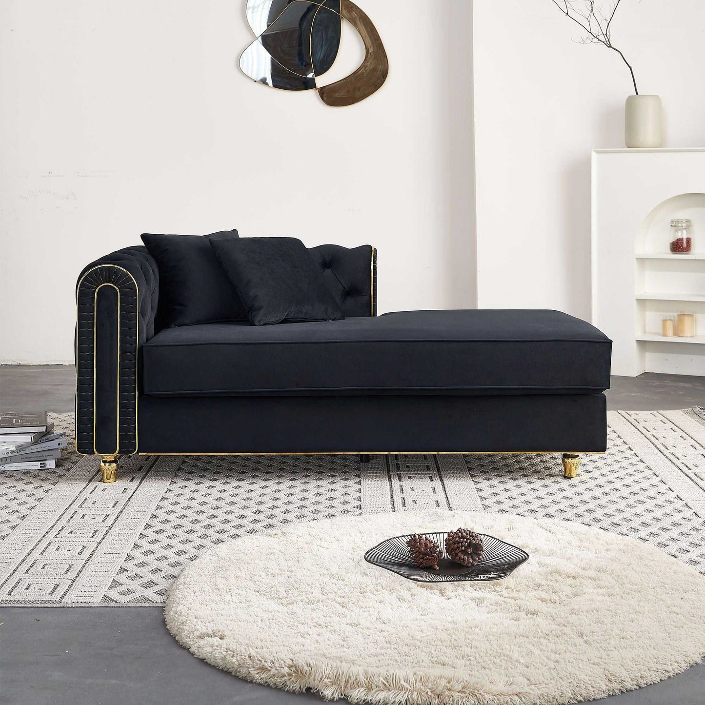66.9''W Velvet Chaise Lounge,Luxury Modern Chaise Furniture,Tufted Back with 2pcs toss pillows for Living Room,Bedroom,Apartment,Black Color - luxuryhomedecoridea.com
