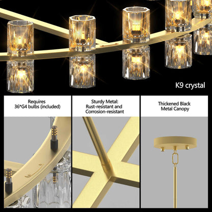 Modern 36" Gold Round Chandelier Light Fixture, K9 Crystal Chandeliers for Dining Room, Living Room, Dining Room Chandeliers Over Table, Chandelier for Bedroom, Foyer, Includes 36XG4 Bulbs - luxuryhomedecoridea.com