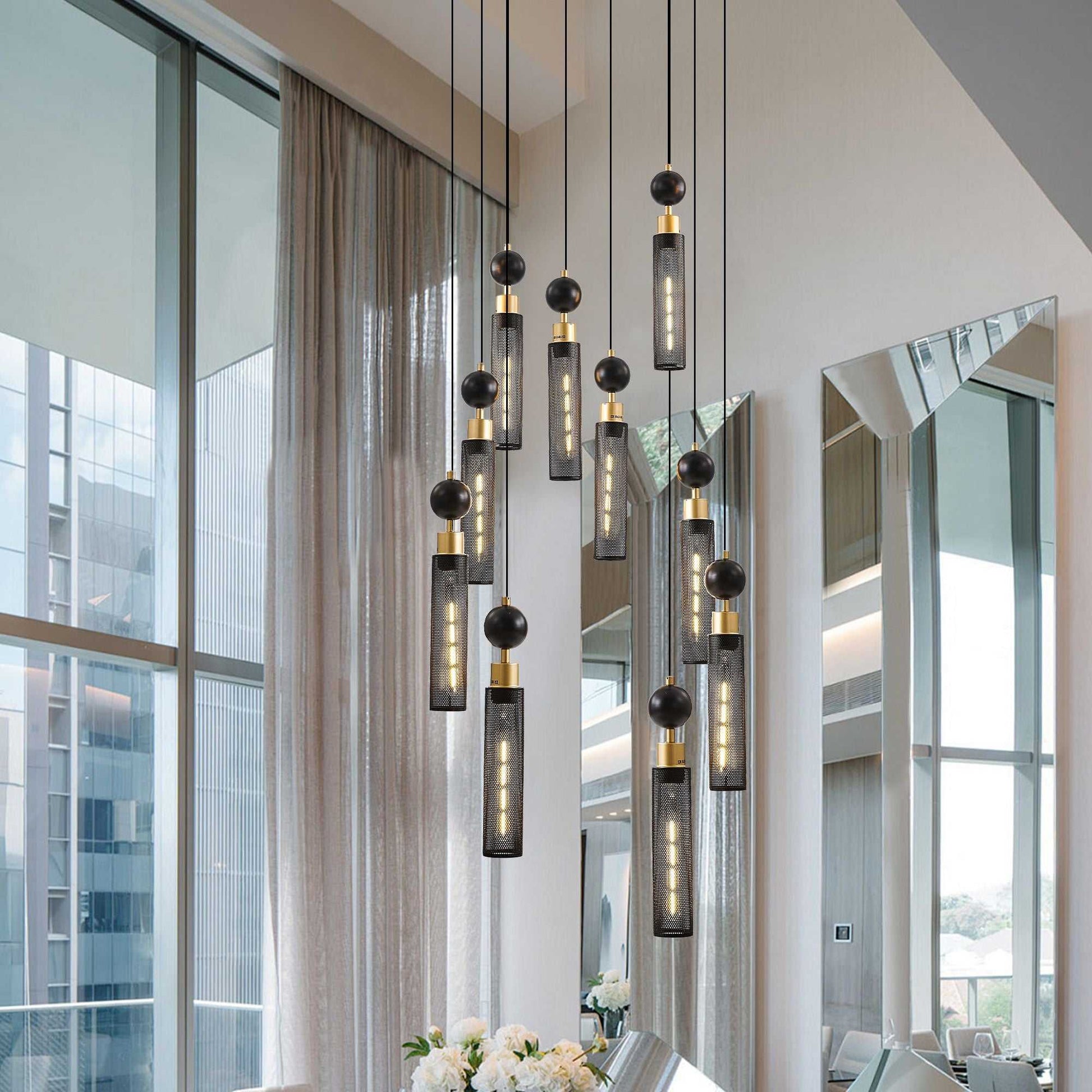 24" Modern Industrial Multi-Light Pendant Chandelier - 9-Light Black and Gold Adjustable Ceiling Light Fixture with Mesh Cylinder Shades for Living Room, Dining Room, or Staircase (Bulb Not Included) - luxuryhomedecoridea.com