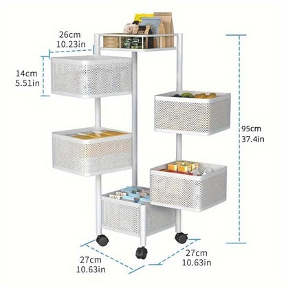 Rotating Kitchen Storage Shelf 5 Tier, Metal Fruit Vegetable Storage Basket Multi-Layer Vegetable Rack Storage Trolley on Wheels, Floor-Standing Basket for Kitchen Bathroom, Square - luxuryhomedecoridea.com