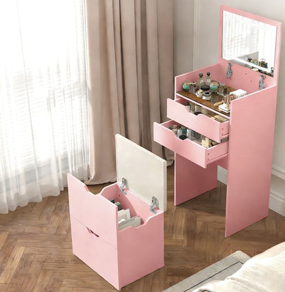 Dressing Table and Stool, 3-in-1 Multifunctional Dressing Table Set, Featuring Three-color Lighting Modes, HD Mirror, Two Sliding Drawers, and a Hidden Storage Stool - luxuryhomedecoridea.com
