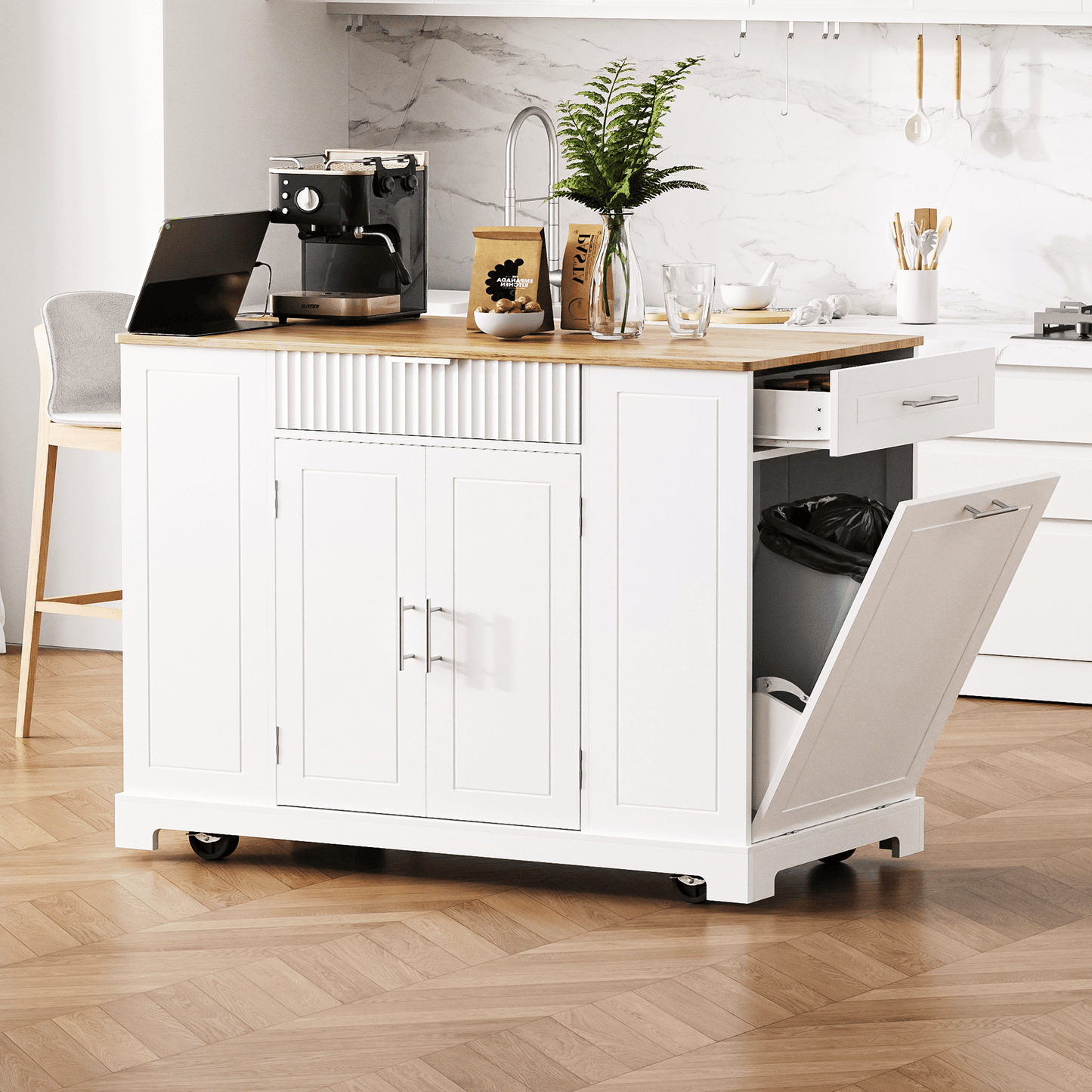 Fluted Kitchen Island with Trash Can Storage Cabinet, Power Outlet, Internal Storage Rack, Rolling Kitchen Islands on 5 Wheels with 3 Drawer, 3 Open Side Racks for 10 Gallon Garbage Bin - luxuryhomedecoridea.com