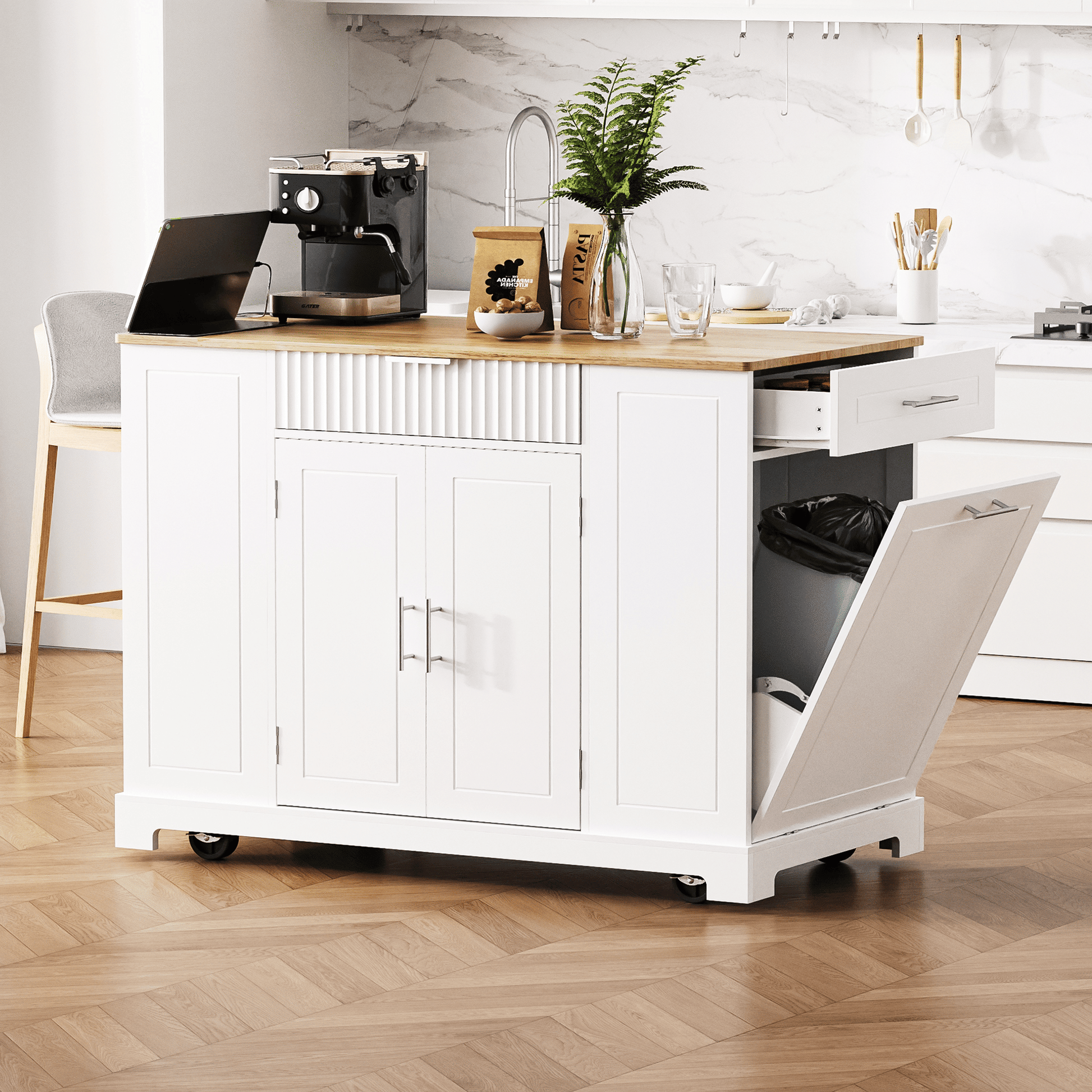 Fluted Kitchen Island with Trash Can Storage Cabinet, Power Outlet, Internal Storage Rack, Rolling Kitchen Islands on 5 Wheels with 3 Drawer, 3 Open Side Racks for 10 Gallon Garbage Bin - luxuryhomedecoridea.com
